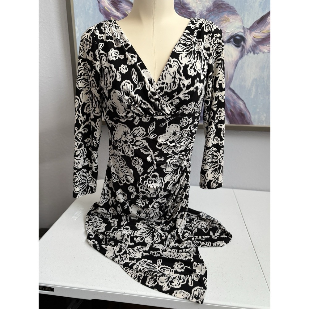 Lauren Ralph Lauren Size 2 Black White Floral V-Neck 3/4 Sleeve‎ Midi Dress